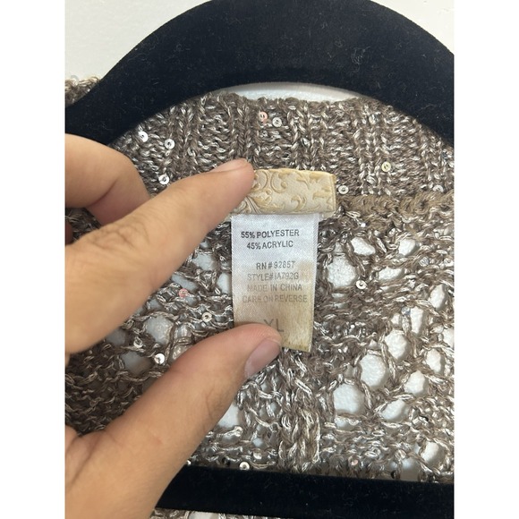 Daytrip Sequin Crochet Knit Cardigan Sweater XL Taupe Open Weave Boho Metallic - Picture 4 of 8